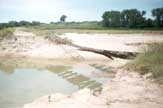 Photo taken by KDOT (Rail Affairs), the flood of 1993 in Saline County, Kansas.  Ties and rail are hanging because all the ballast and dirt is washed away.